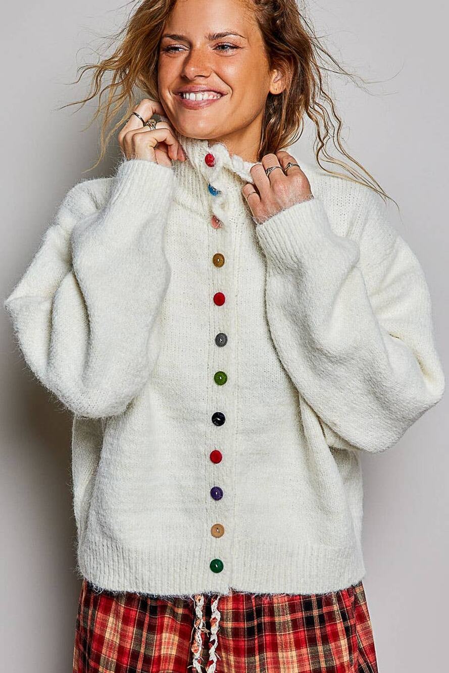 Pol Clothing Chic Collar Button Knit Cardigan Cozy Oversized Sweater SALE